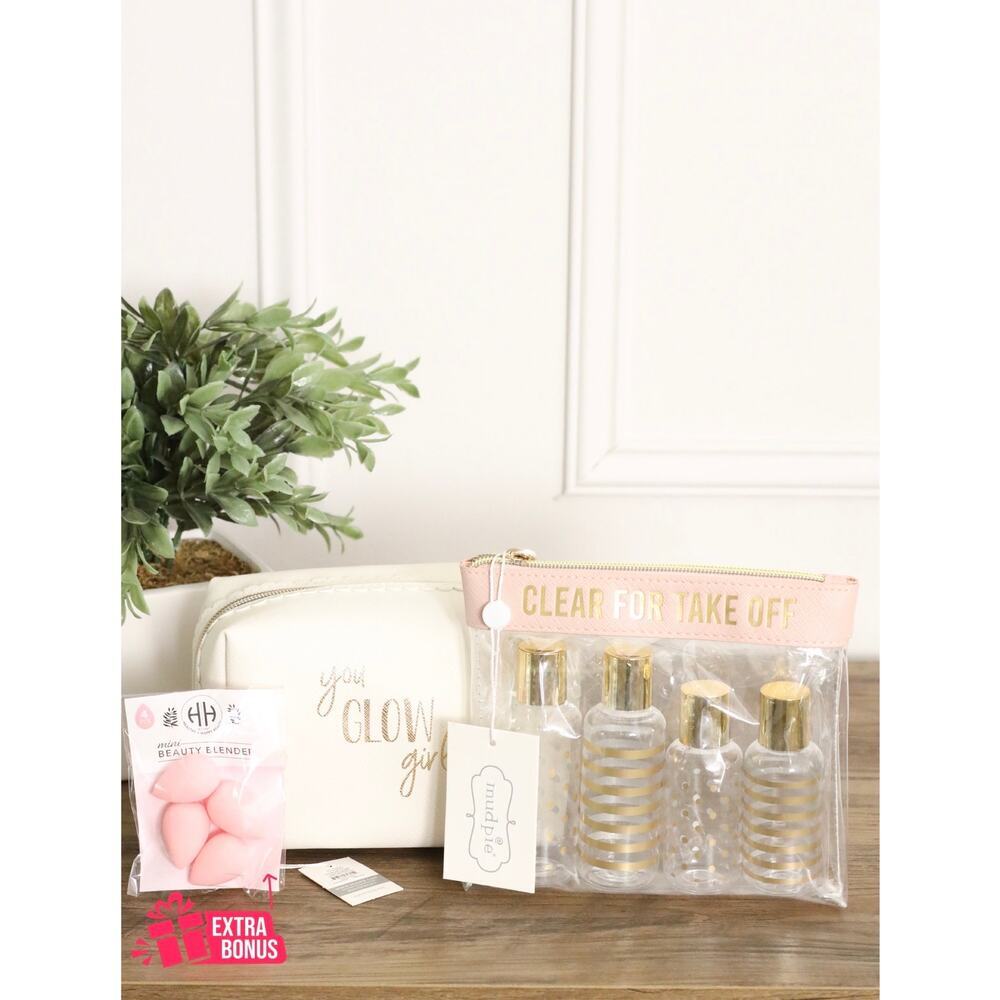 NWT Mud Pie Travel Bundle Pink “Clear For Take Off” Case + “You Glow Girl” Pouch